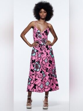 Zara Retro Floral Printed Poplin Midi Dress Fuchsia Pink Size Medium